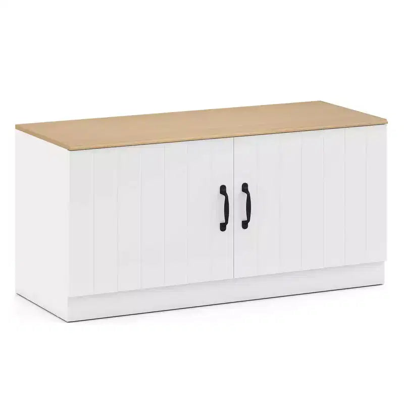 Banc à chaussures 2 portes avec étagères réglables et espace de rangement caché Naturel + Blanc/Blanc