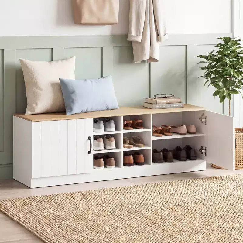 Banc à chaussures 2 portes avec étagères réglables et espace de rangement caché Naturel + Blanc/Blanc