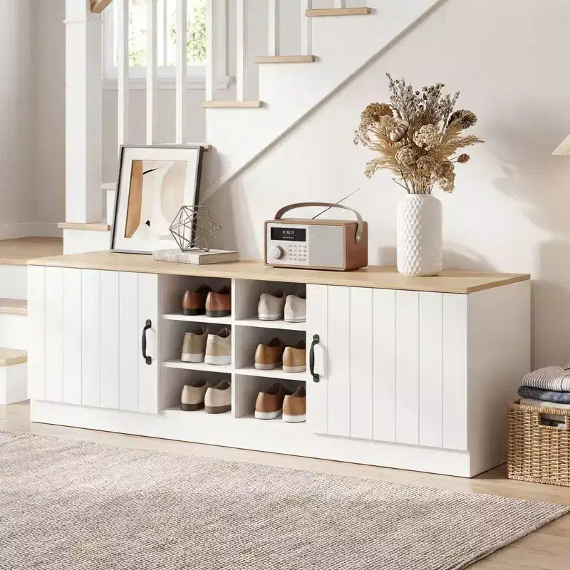 Banc à chaussures 2 portes avec étagères réglables et espace de rangement caché Naturel + Blanc/Blanc