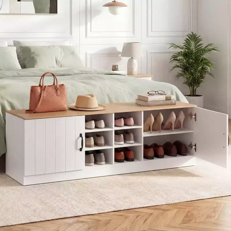 Banc à chaussures 2 portes avec étagères réglables et espace de rangement caché Naturel + Blanc/Blanc