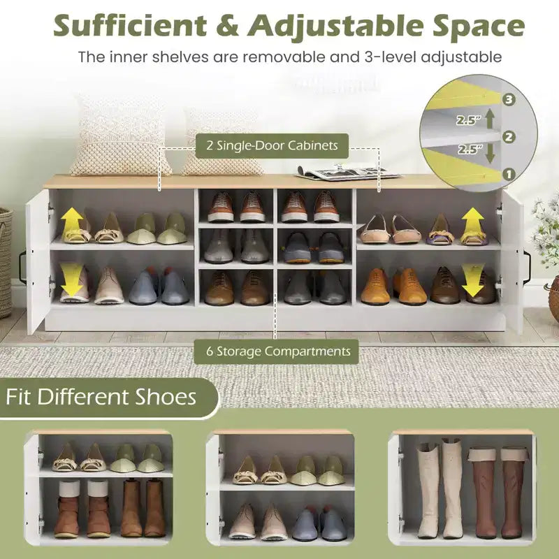 Banc à chaussures 2 portes avec étagères réglables et espace de rangement caché Naturel + Blanc/Blanc