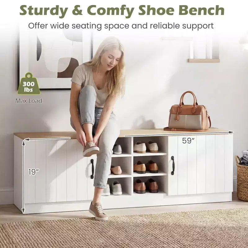 Banc à chaussures 2 portes avec étagères réglables et espace de rangement caché Naturel + Blanc/Blanc