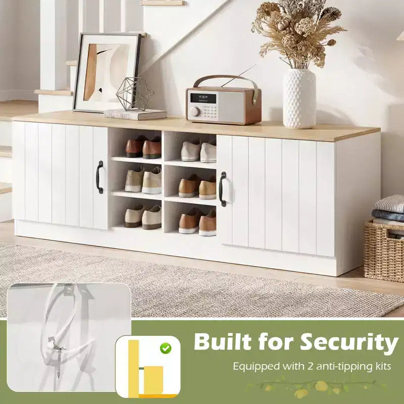 Banc à chaussures 2 portes avec étagères réglables et espace de rangement caché Naturel + Blanc/Blanc
