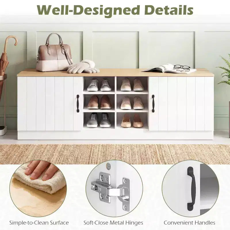 Banc à chaussures 2 portes avec étagères réglables et espace de rangement caché Naturel + Blanc/Blanc