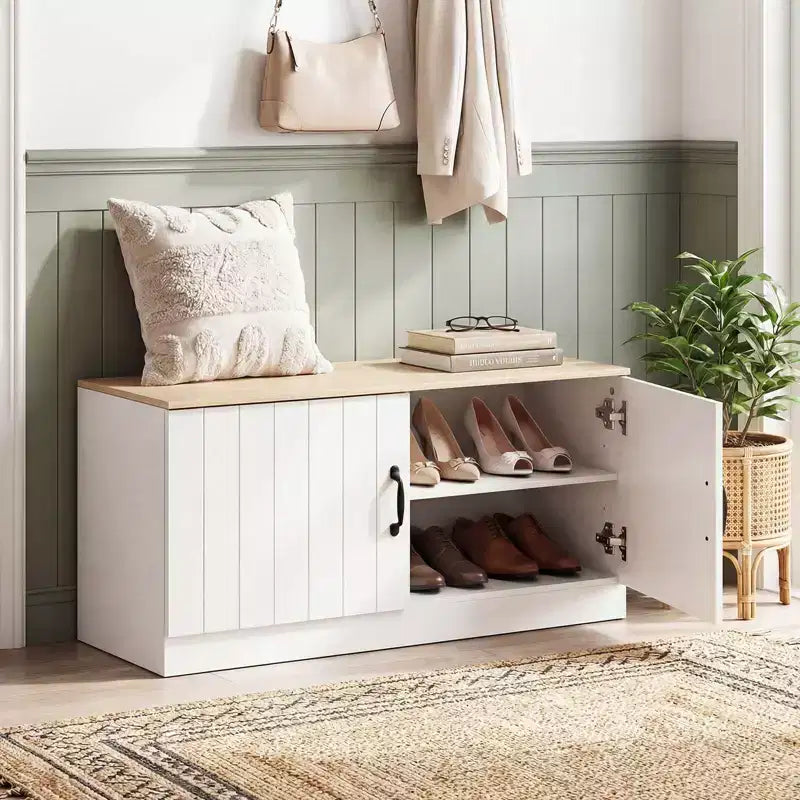 Banc à chaussures 2 portes avec étagères réglables et espace de rangement caché Naturel + Blanc/Blanc