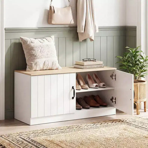 Banc à chaussures 2 portes avec étagères réglables et espace de rangement caché Naturel + Blanc/Blanc