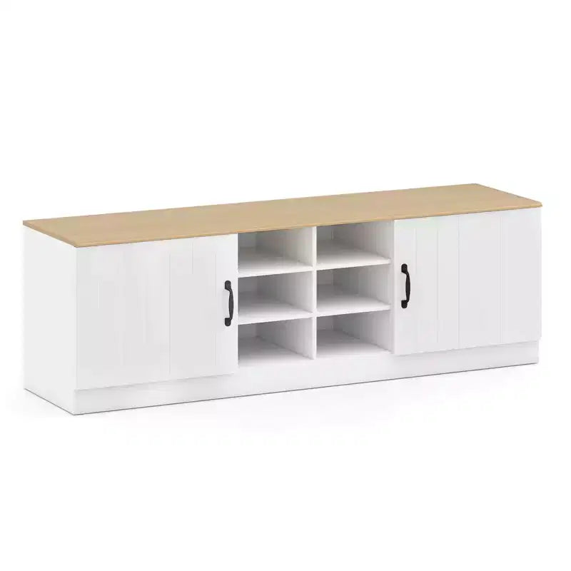 Banc à chaussures 2 portes avec étagères réglables et espace de rangement caché Naturel + Blanc/Blanc