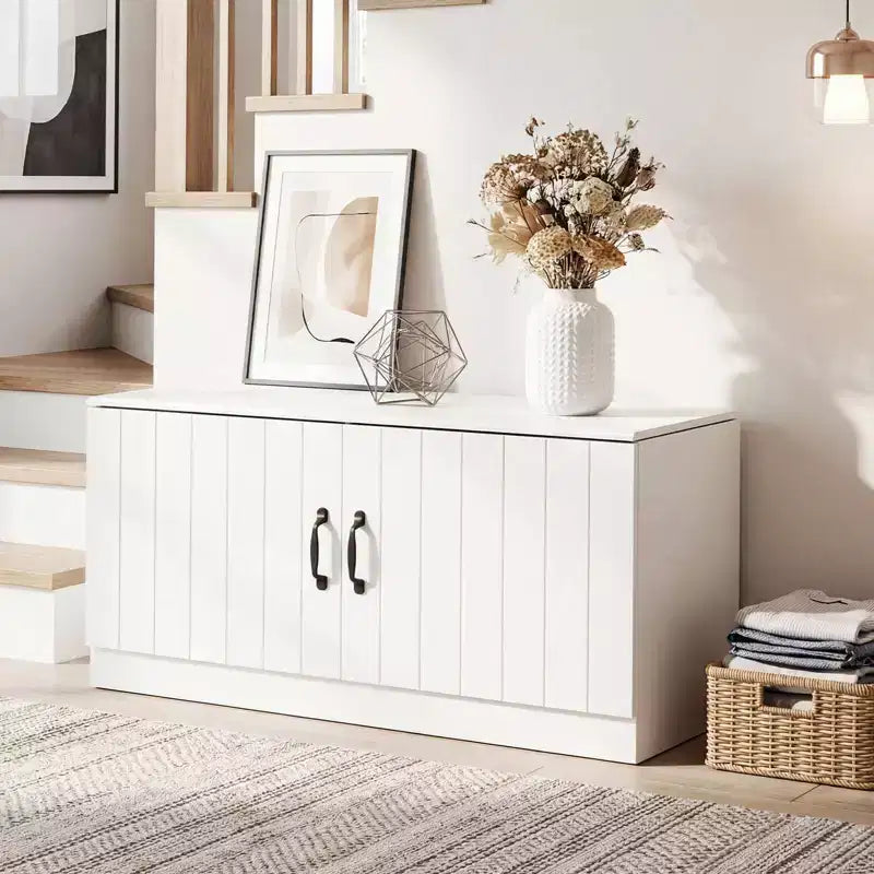 Banc à chaussures 2 portes avec étagères réglables et espace de rangement caché Naturel + Blanc/Blanc