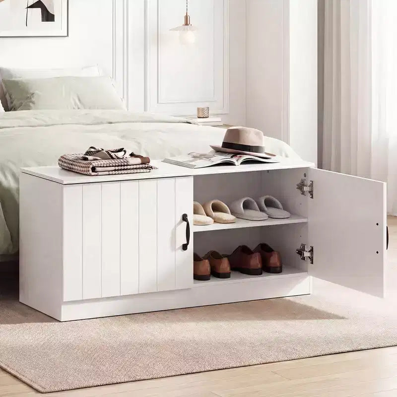 Banc à chaussures 2 portes avec étagères réglables et espace de rangement caché Naturel + Blanc/Blanc