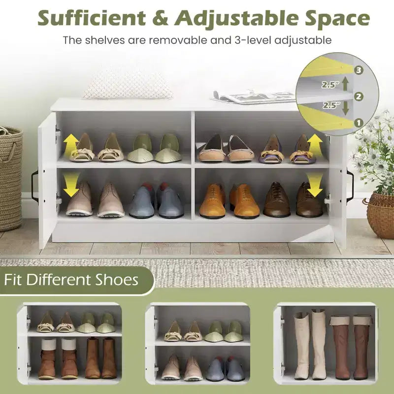 Banc à chaussures 2 portes avec étagères réglables et espace de rangement caché Naturel + Blanc/Blanc