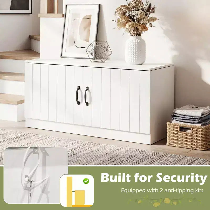 Banc à chaussures 2 portes avec étagères réglables et espace de rangement caché Naturel + Blanc/Blanc