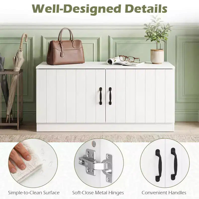 Banc à chaussures 2 portes avec étagères réglables et espace de rangement caché Naturel + Blanc/Blanc