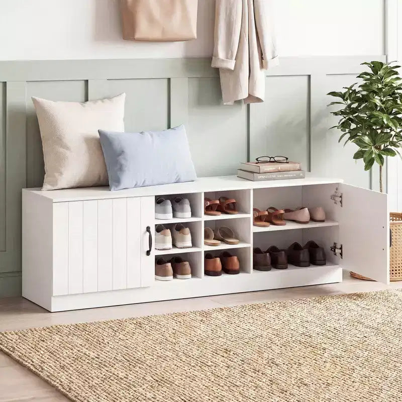 Banc à chaussures 2 portes avec étagères réglables et espace de rangement caché Naturel + Blanc/Blanc