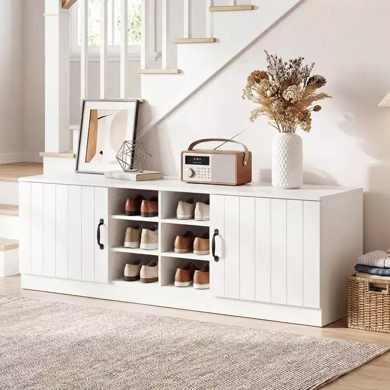 Banc à chaussures 2 portes avec étagères réglables et espace de rangement caché Naturel + Blanc/Blanc