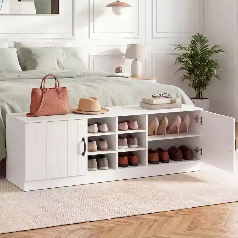 Banc à chaussures 2 portes avec étagères réglables et espace de rangement caché Naturel + Blanc/Blanc