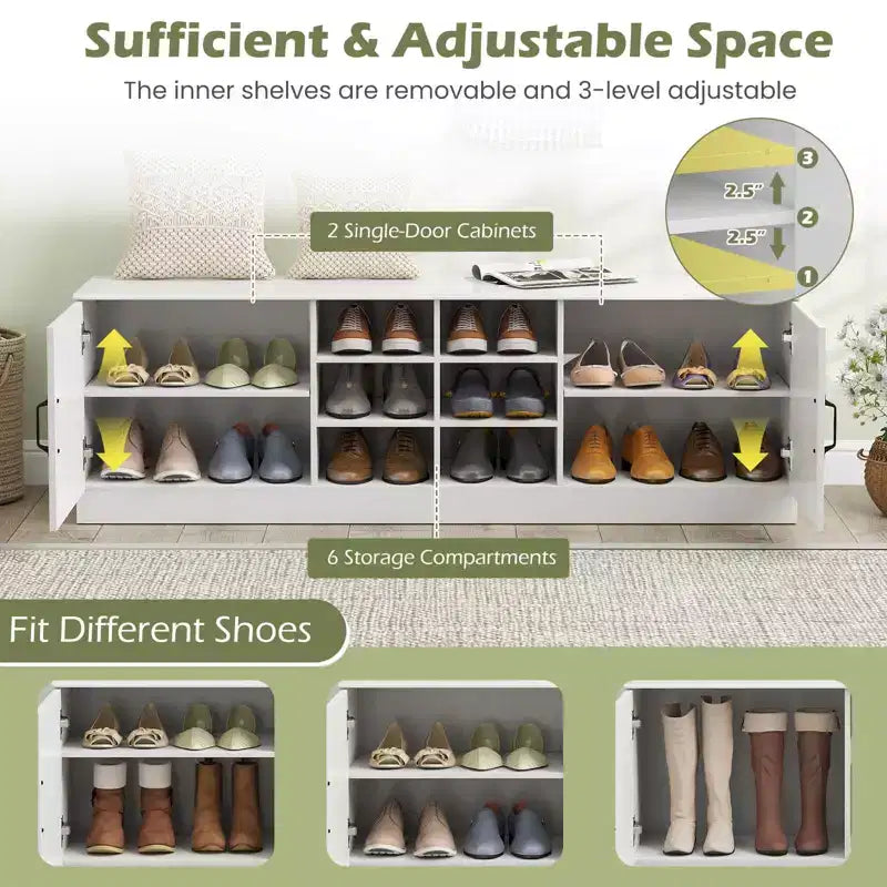 Banc à chaussures 2 portes avec étagères réglables et espace de rangement caché Naturel + Blanc/Blanc