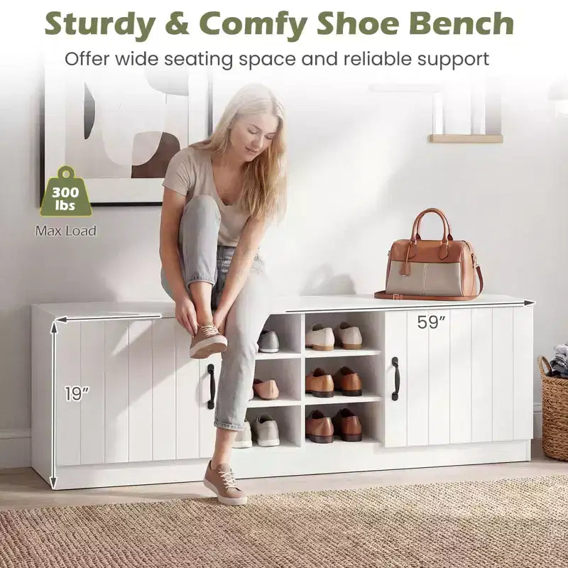 Banc à chaussures 2 portes avec étagères réglables et espace de rangement caché Naturel + Blanc/Blanc