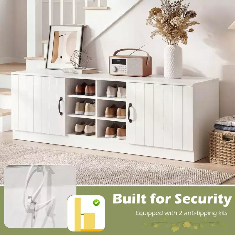 Banc à chaussures 2 portes avec étagères réglables et espace de rangement caché Naturel + Blanc/Blanc
