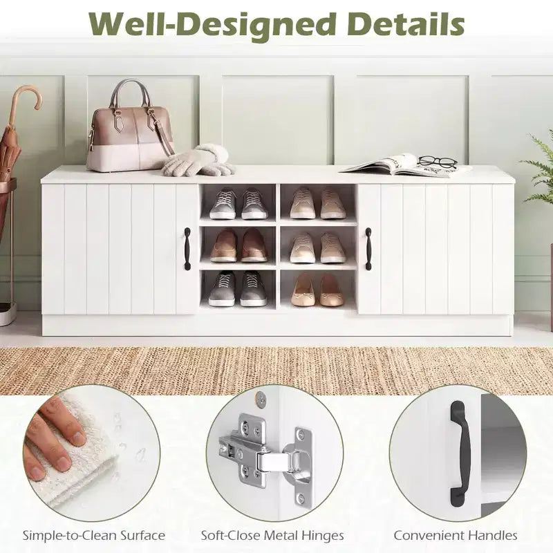 Banc à chaussures 2 portes avec étagères réglables et espace de rangement caché Naturel + Blanc/Blanc