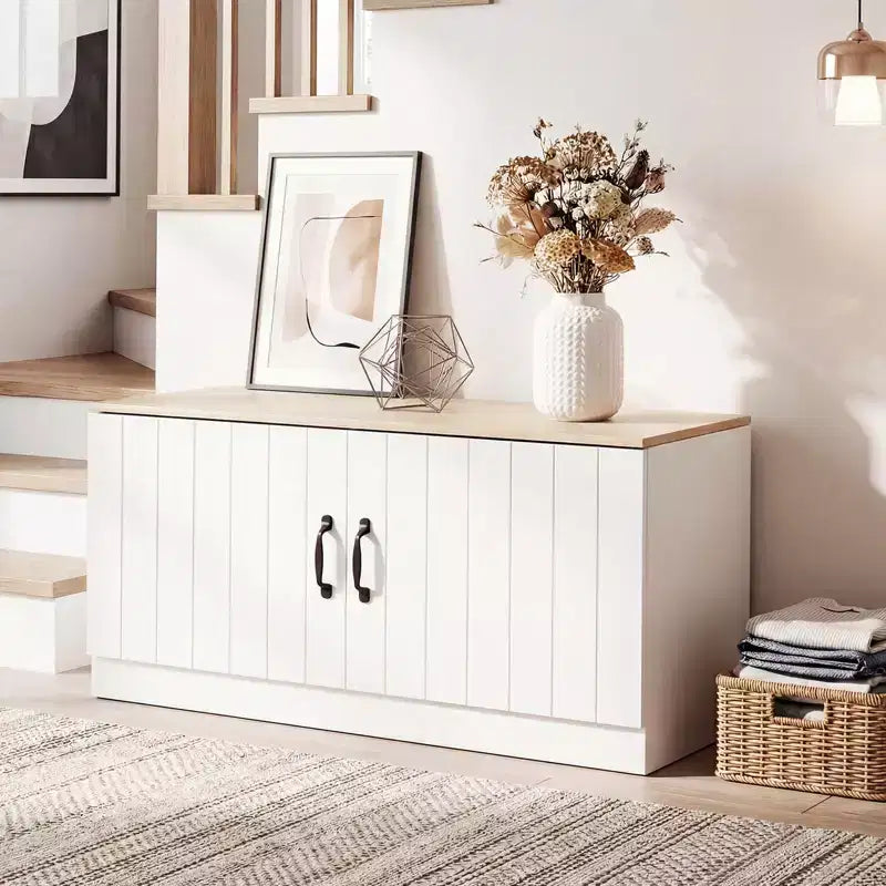 Banc à chaussures 2 portes avec étagères réglables et espace de rangement caché Naturel + Blanc/Blanc