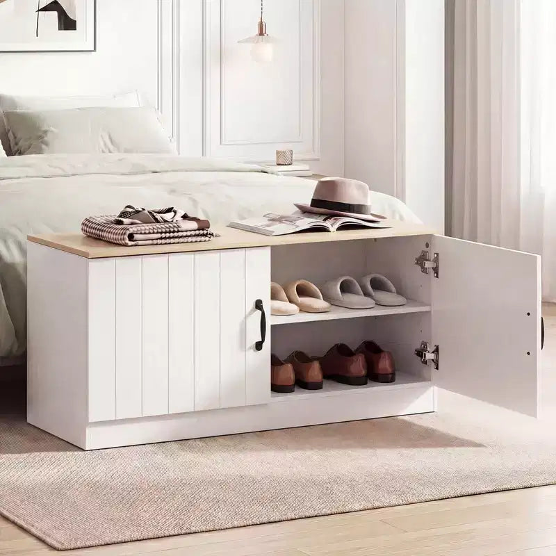 Banc à chaussures 2 portes avec étagères réglables et espace de rangement caché Naturel + Blanc/Blanc