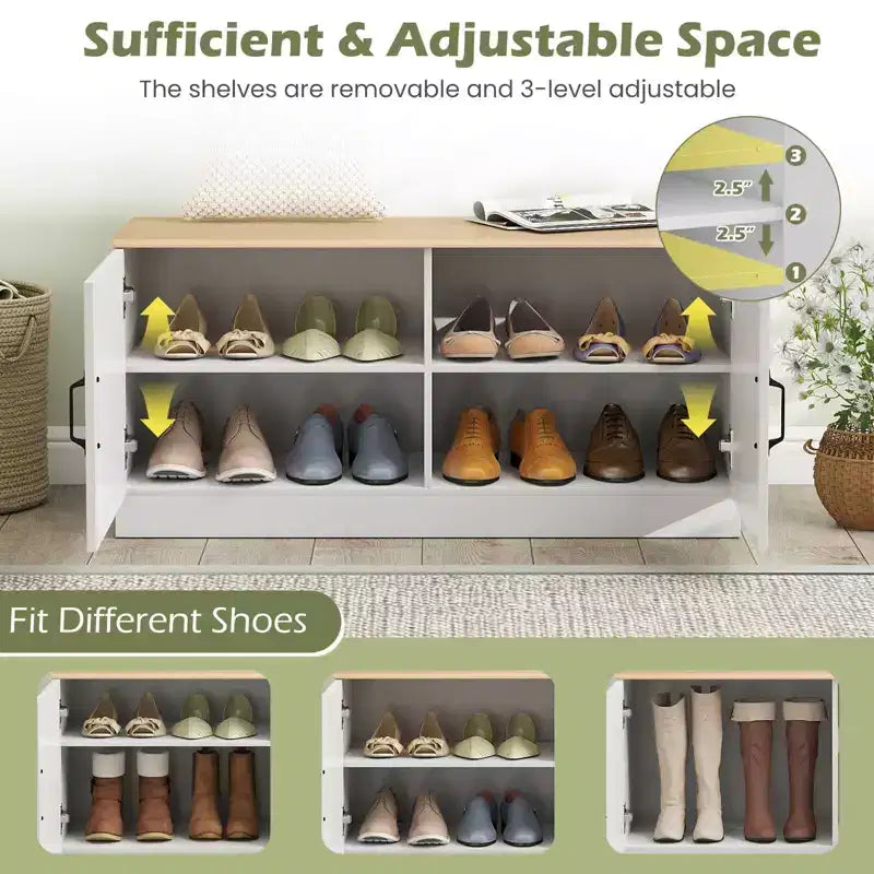 Banc à chaussures 2 portes avec étagères réglables et espace de rangement caché Naturel + Blanc/Blanc