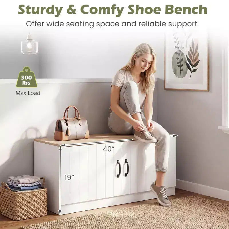 Banc à chaussures 2 portes avec étagères réglables et espace de rangement caché Naturel + Blanc/Blanc