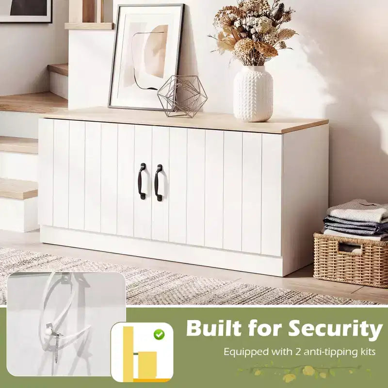 Banc à chaussures 2 portes avec étagères réglables et espace de rangement caché Naturel + Blanc/Blanc