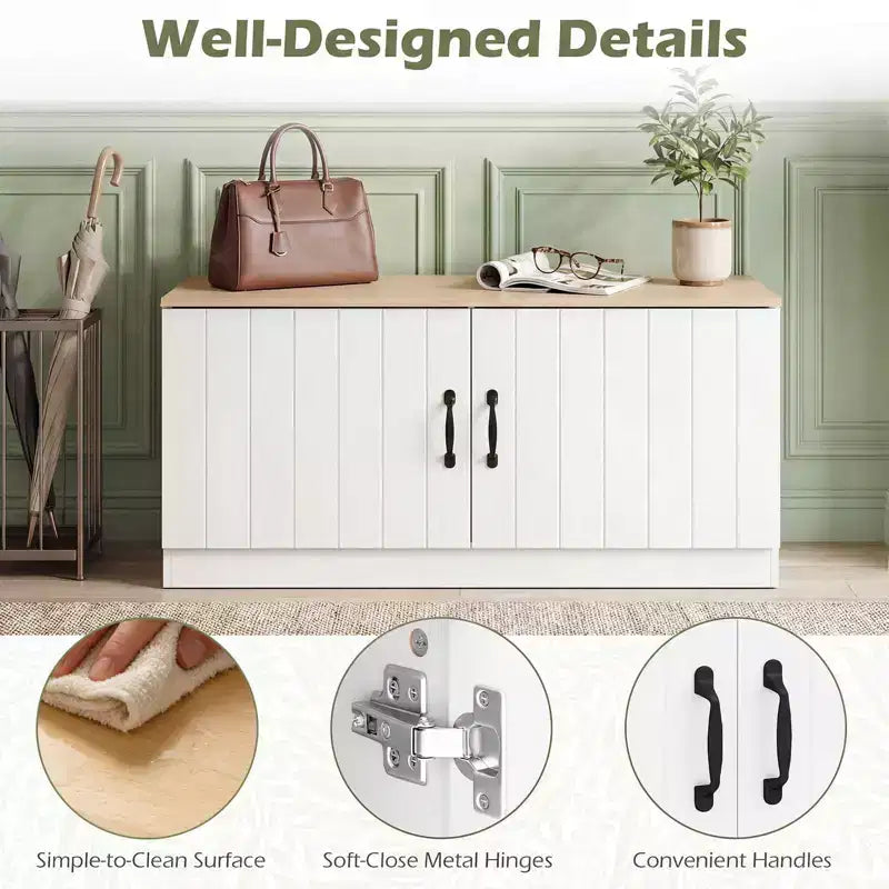 Banc à chaussures 2 portes avec étagères réglables et espace de rangement caché Naturel + Blanc/Blanc