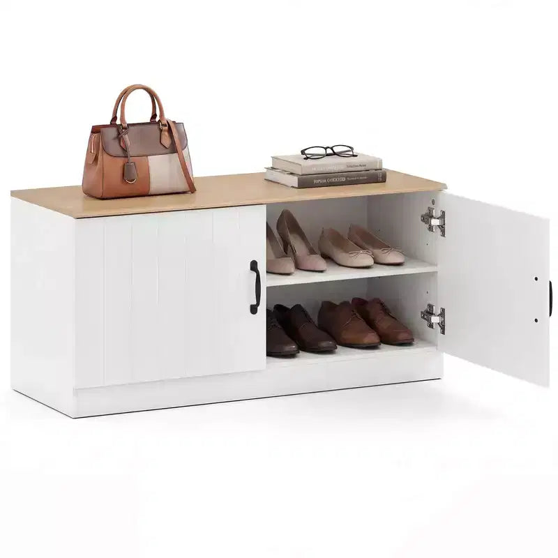 Costway 2-Door Shoe Bench wirh Adjustable Shelves Hidden Storage Space Natural + White/Whi5te