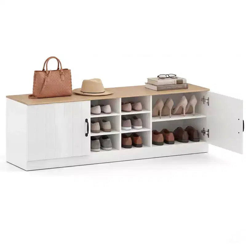 Banc à chaussures 2 portes avec étagères réglables et espace de rangement caché Naturel + Blanc/Blanc