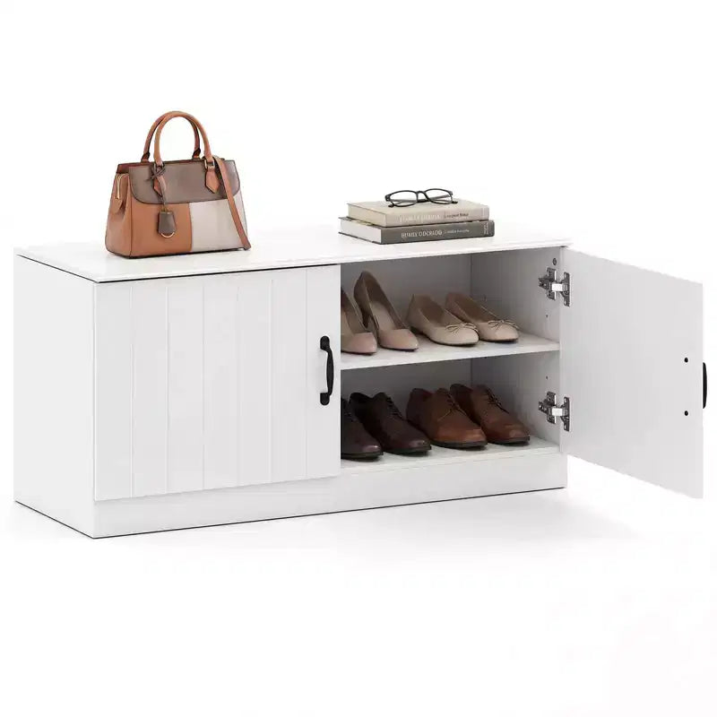 Banc à chaussures 2 portes avec étagères réglables et espace de rangement caché Naturel + Blanc/Blanc