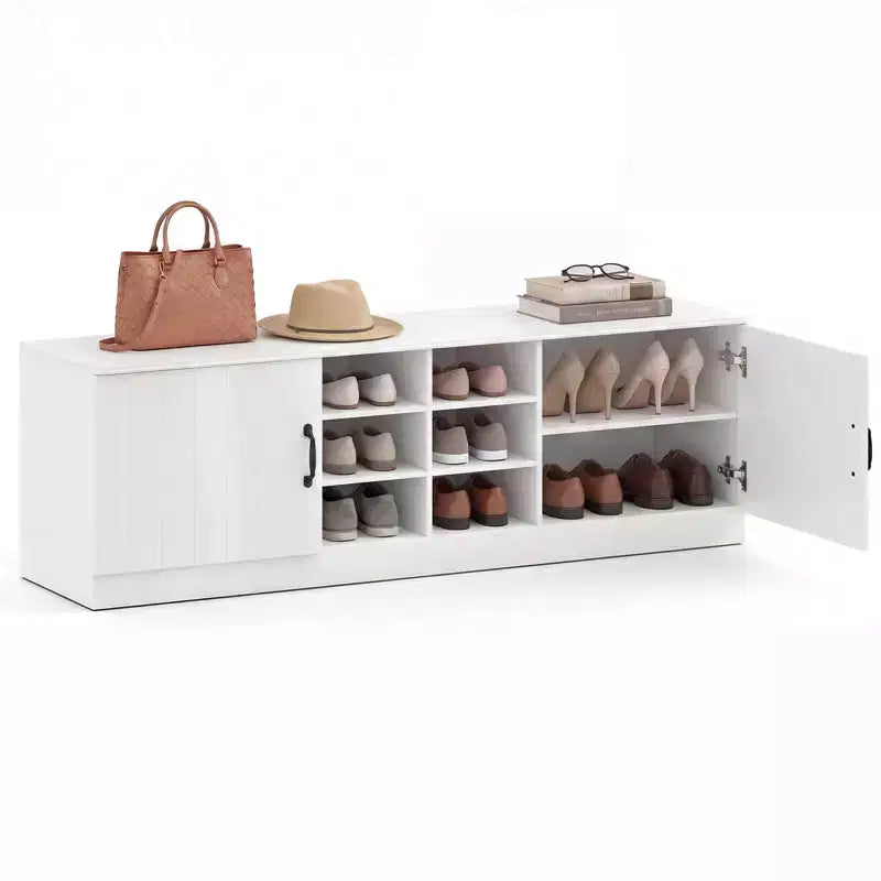 Banc à chaussures 2 portes avec étagères réglables et espace de rangement caché Naturel + Blanc/Blanc