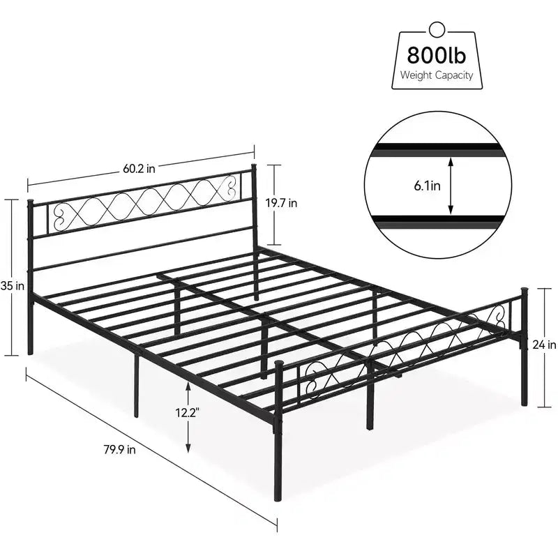 Cadre de lit en métal Queen Size, avec rangement sous le lit, aucun sommier tapissier requis, silencieux, montage facile, noir