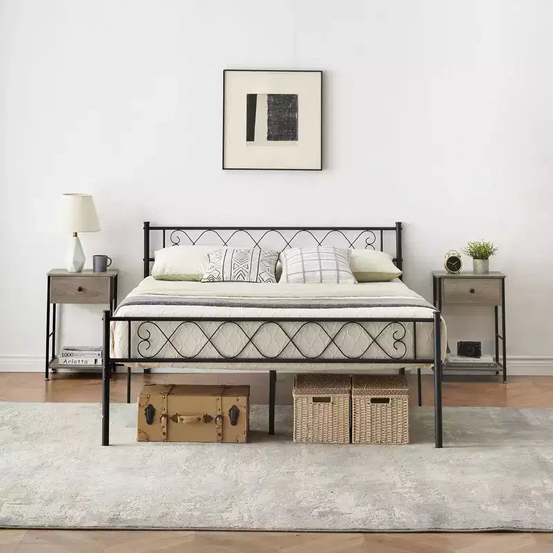 Cadre de lit en métal Queen Size, avec rangement sous le lit, aucun sommier tapissier requis, silencieux, montage facile, noir