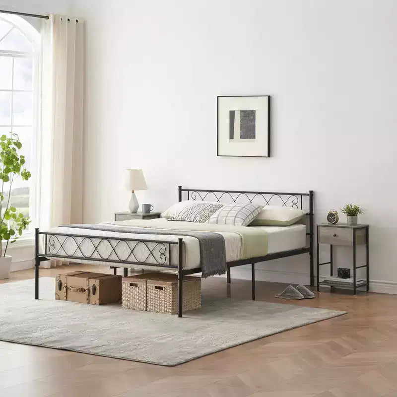 Cadre de lit en métal Queen Size, avec rangement sous le lit, aucun sommier tapissier requis, silencieux, montage facile, noir