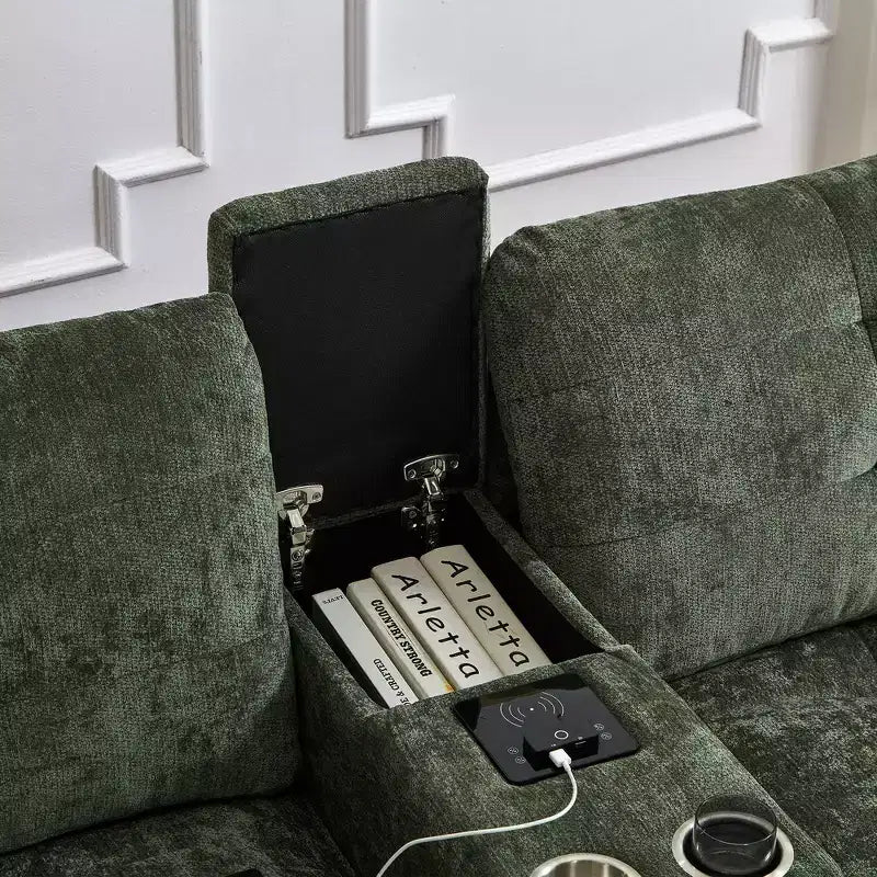 Canapé d'angle 126" avec console centrale, porte-gobelets, section en U, haut-parleurs Bluetooth intégrés et 2 poufs de rangement pour salon