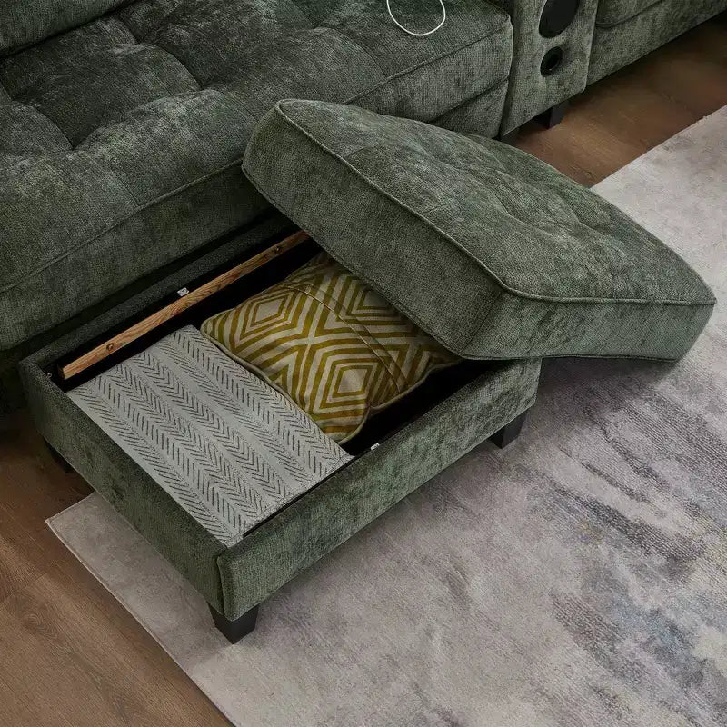 Canapé d'angle 126" avec console centrale, porte-gobelets, section en U, haut-parleurs Bluetooth intégrés et 2 poufs de rangement pour salon