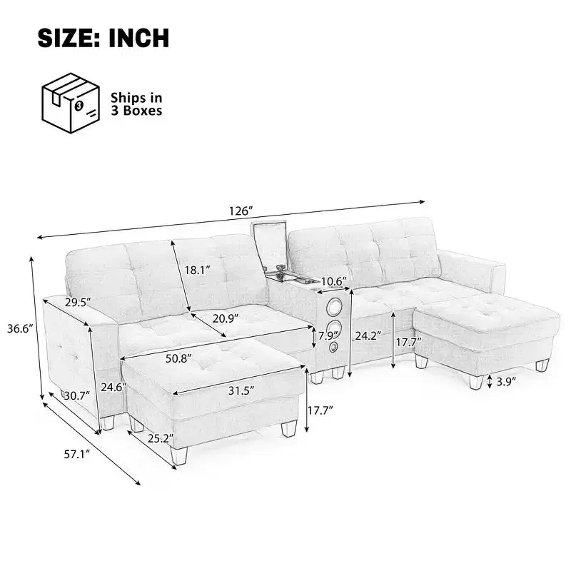 Canapé d'angle 126" avec console centrale, porte-gobelets, section en U, haut-parleurs Bluetooth intégrés et 2 poufs de rangement pour salon