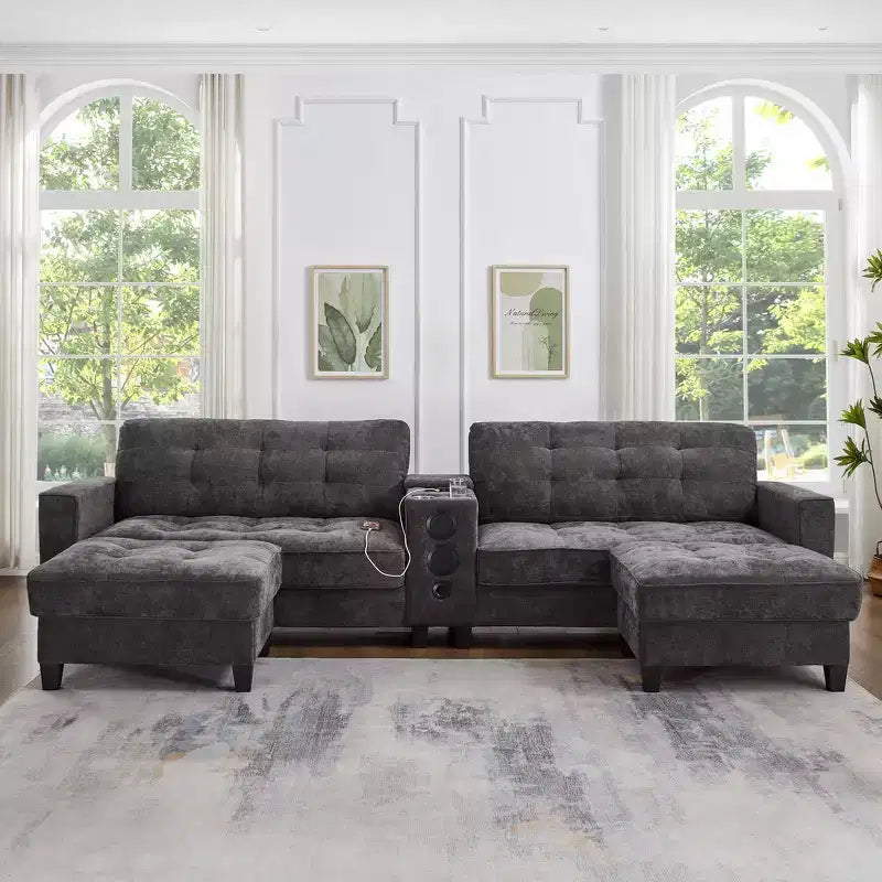 Canapé d'angle 126" avec console centrale, porte-gobelets, section en U, haut-parleurs Bluetooth intégrés et 2 poufs de rangement pour salon