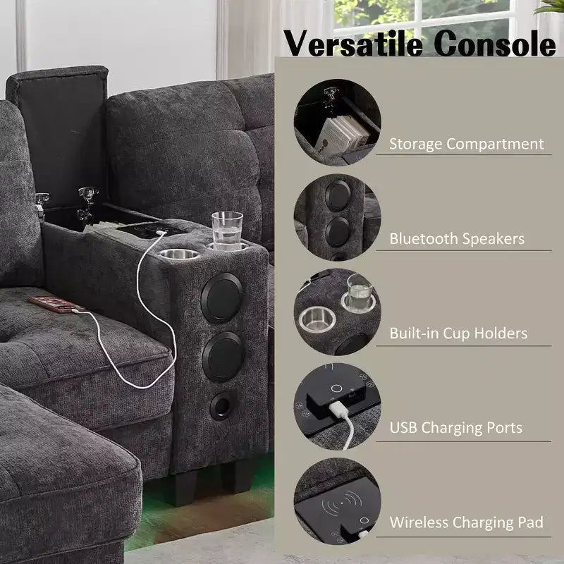 Canapé d'angle 126" avec console centrale, porte-gobelets, section en U, haut-parleurs Bluetooth intégrés et 2 poufs de rangement pour salon