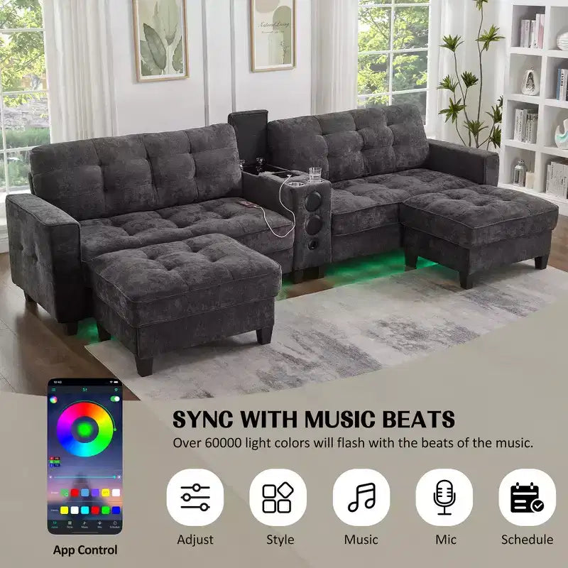 Canapé d'angle 126" avec console centrale, porte-gobelets, section en U, haut-parleurs Bluetooth intégrés et 2 poufs de rangement pour salon