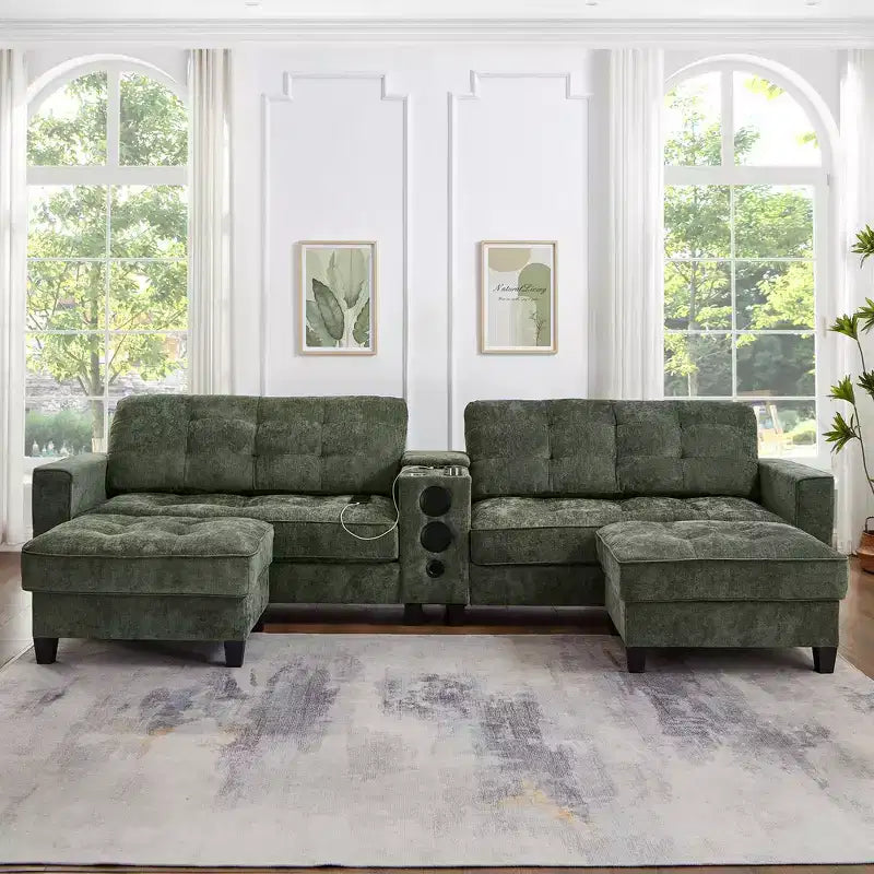 Canapé d'angle 126" avec console centrale, porte-gobelets, section en U, haut-parleurs Bluetooth intégrés et 2 poufs de rangement pour salon