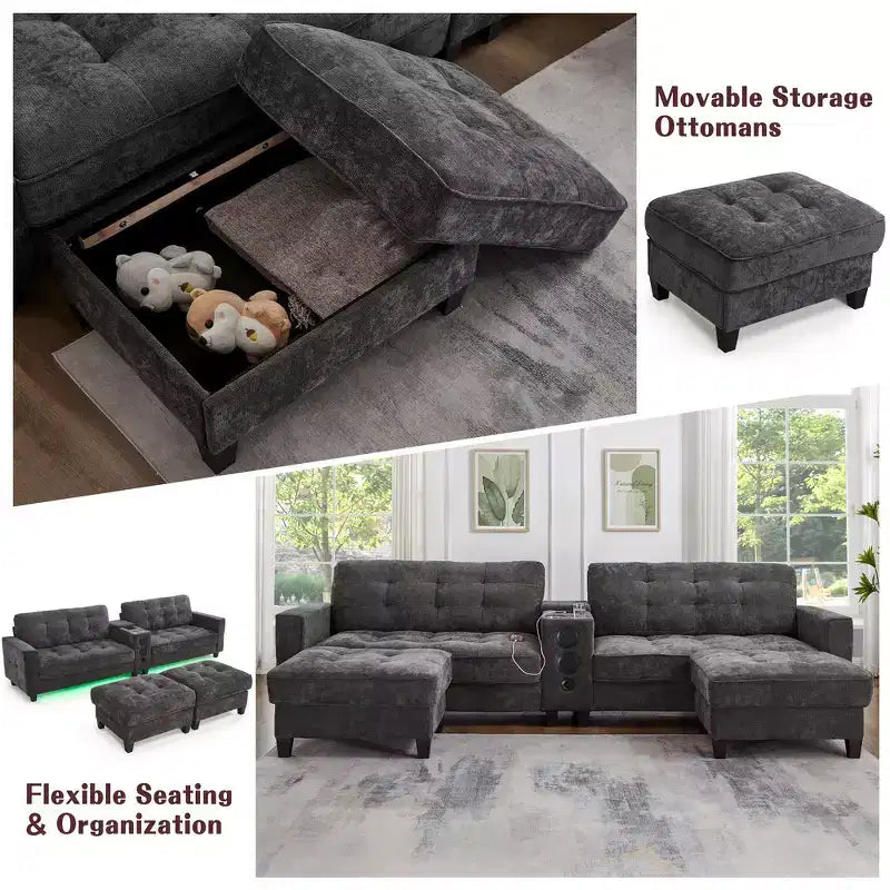 Canapé d'angle 126" avec console centrale, porte-gobelets, section en U, haut-parleurs Bluetooth intégrés et 2 poufs de rangement pour salon