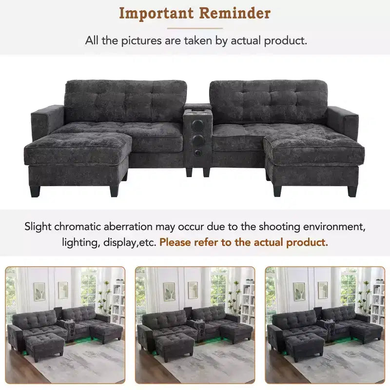 Canapé d'angle 126" avec console centrale, porte-gobelets, section en U, haut-parleurs Bluetooth intégrés et 2 poufs de rangement pour salon