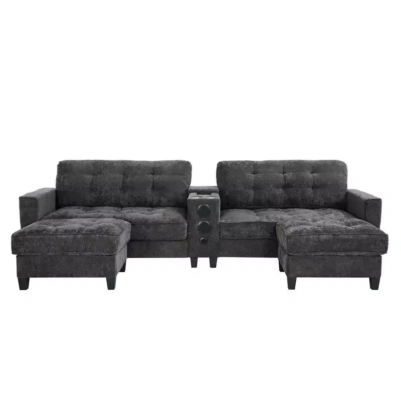 Canapé d'angle 126" avec console centrale, porte-gobelets, section en U, haut-parleurs Bluetooth intégrés et 2 poufs de rangement pour salon