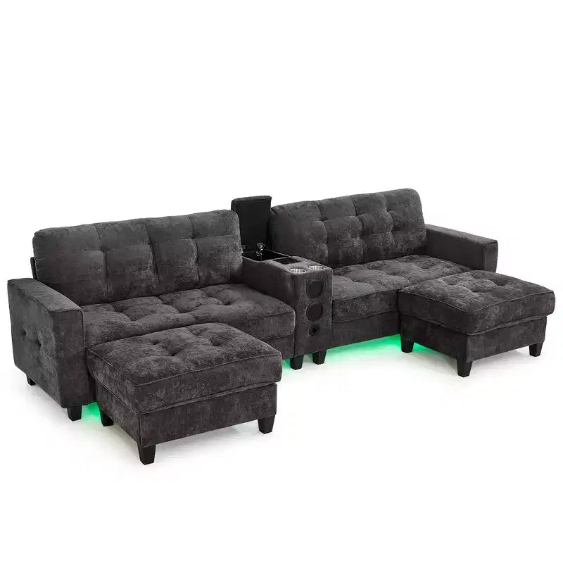 Canapé d'angle 126" avec console centrale, porte-gobelets, section en U, haut-parleurs Bluetooth intégrés et 2 poufs de rangement pour salon