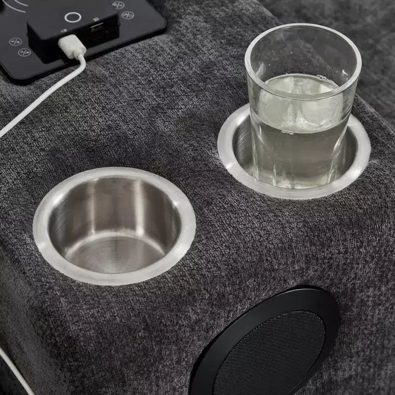 Canapé d'angle 126" avec console centrale, porte-gobelets, section en U, haut-parleurs Bluetooth intégrés et 2 poufs de rangement pour salon