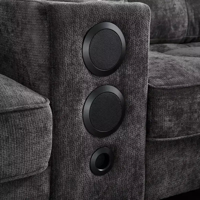 Canapé d'angle 126" avec console centrale, porte-gobelets, section en U, haut-parleurs Bluetooth intégrés et 2 poufs de rangement pour salon