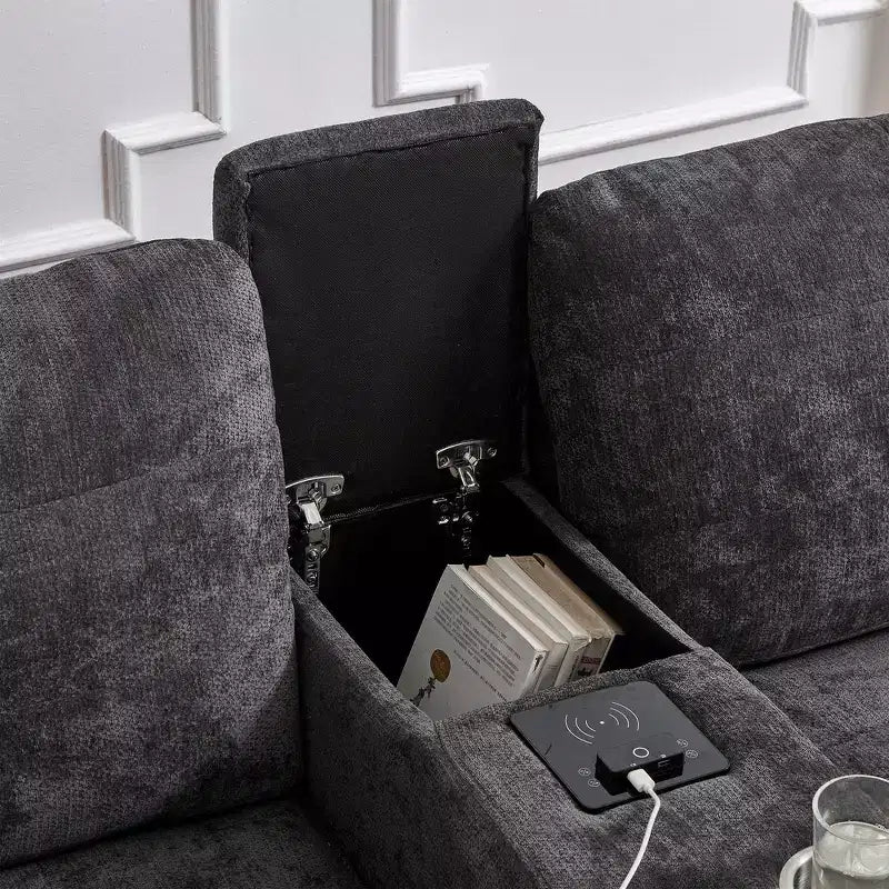 Canapé d'angle 126" avec console centrale, porte-gobelets, section en U, haut-parleurs Bluetooth intégrés et 2 poufs de rangement pour salon